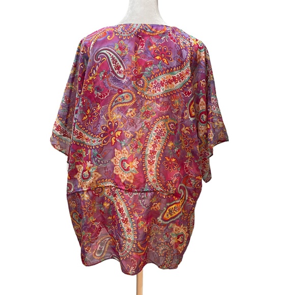 Chaps Purple with Multi-Color Abstract Floral Print Short Sleeve V-Neck Tie Top - Picture 4 of 13